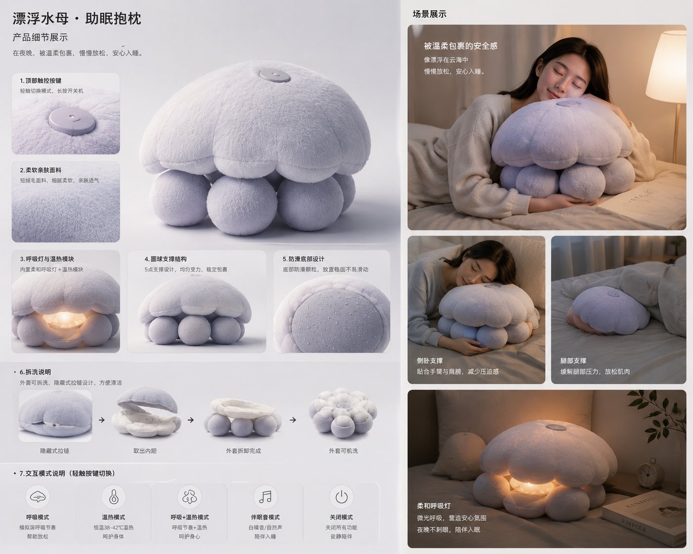 云母睡前舒压助眠产品展板：水母造型抱枕、柔和呼吸灯、产品细节与睡前抱靠场景